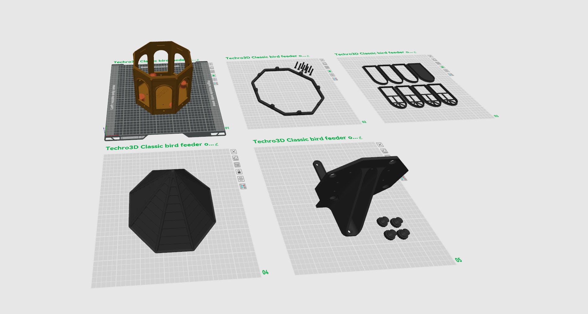 Bambu Studio preview showing birdhouse parts arranged on build plates