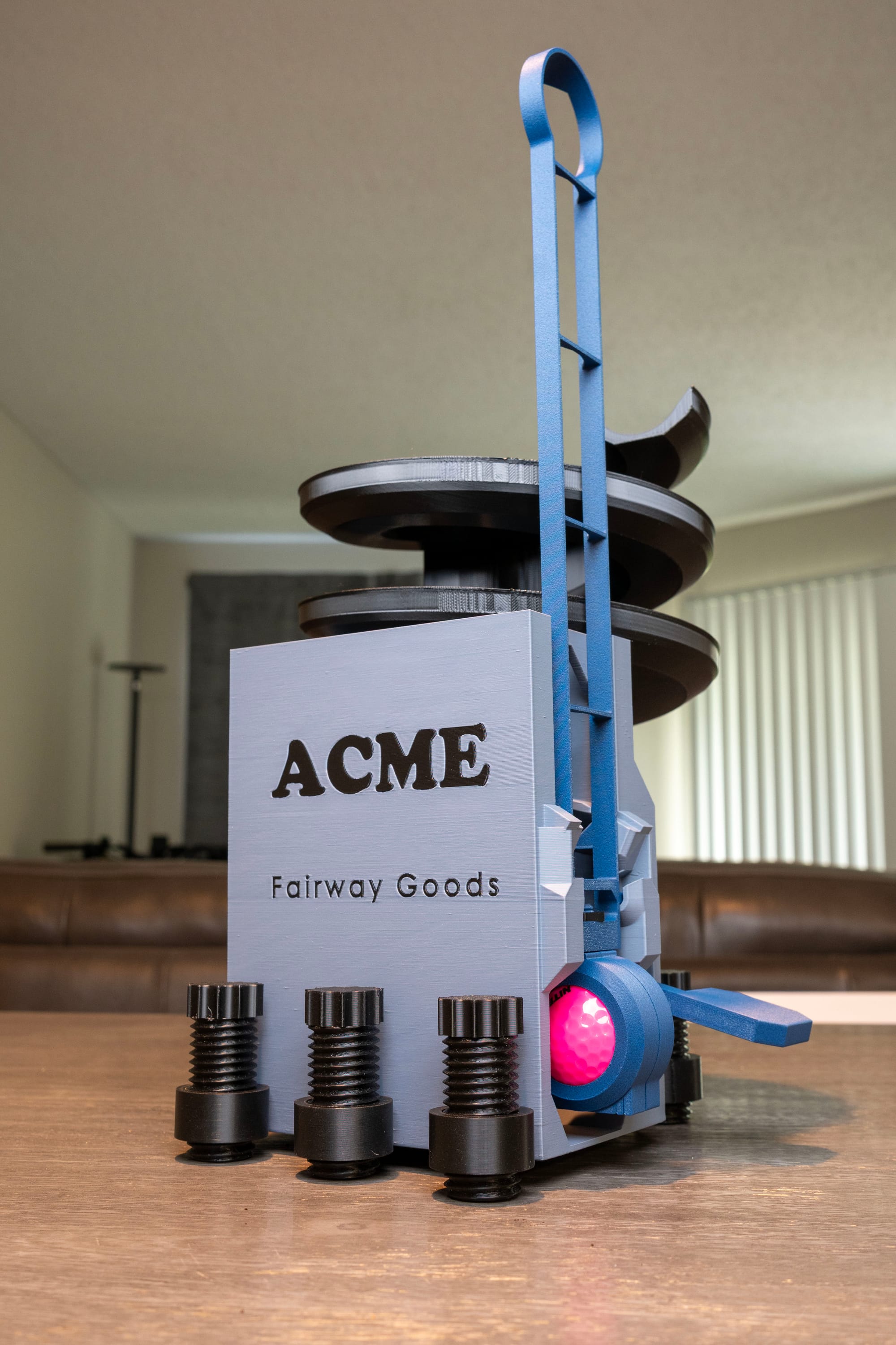 Golf ball dispenser with PETG spiral ramp and PETG-CF components.