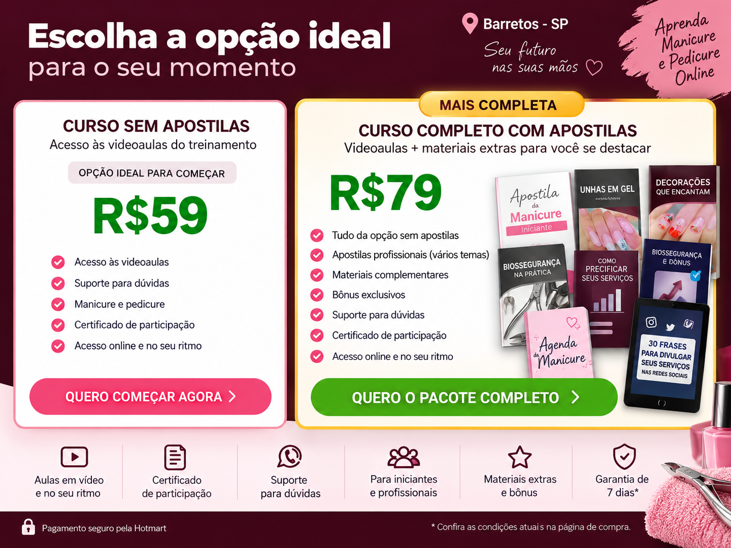 Valores e opções do curso de manicure online