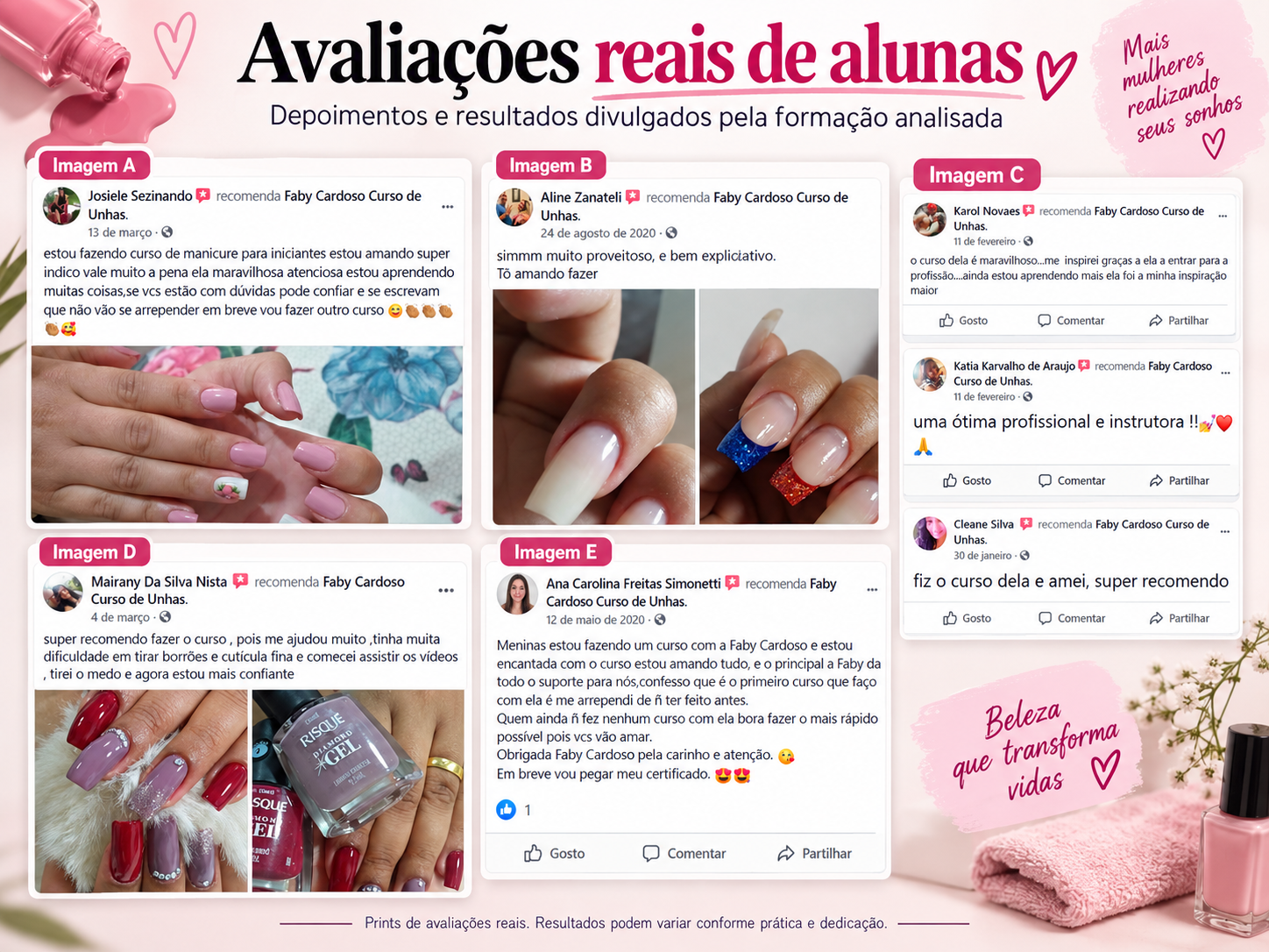 Avaliações reais de alunas e resultados de manicure