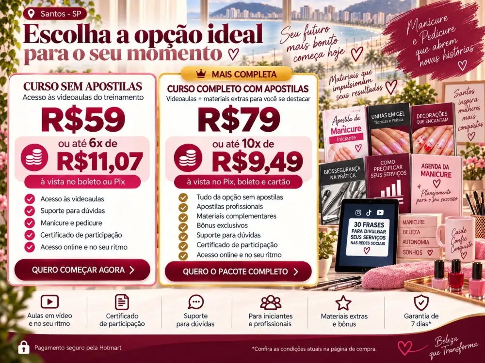 Preço e parcelamento do curso de manicure online para Santos