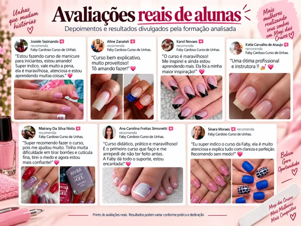 Resumo visual de avaliações reais de alunas do curso de manicure