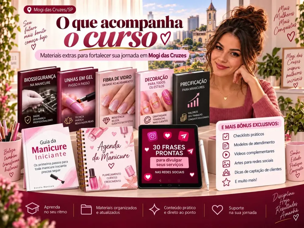 Apostilas e materiais extras do curso de manicure para Mogi das Cruzes
