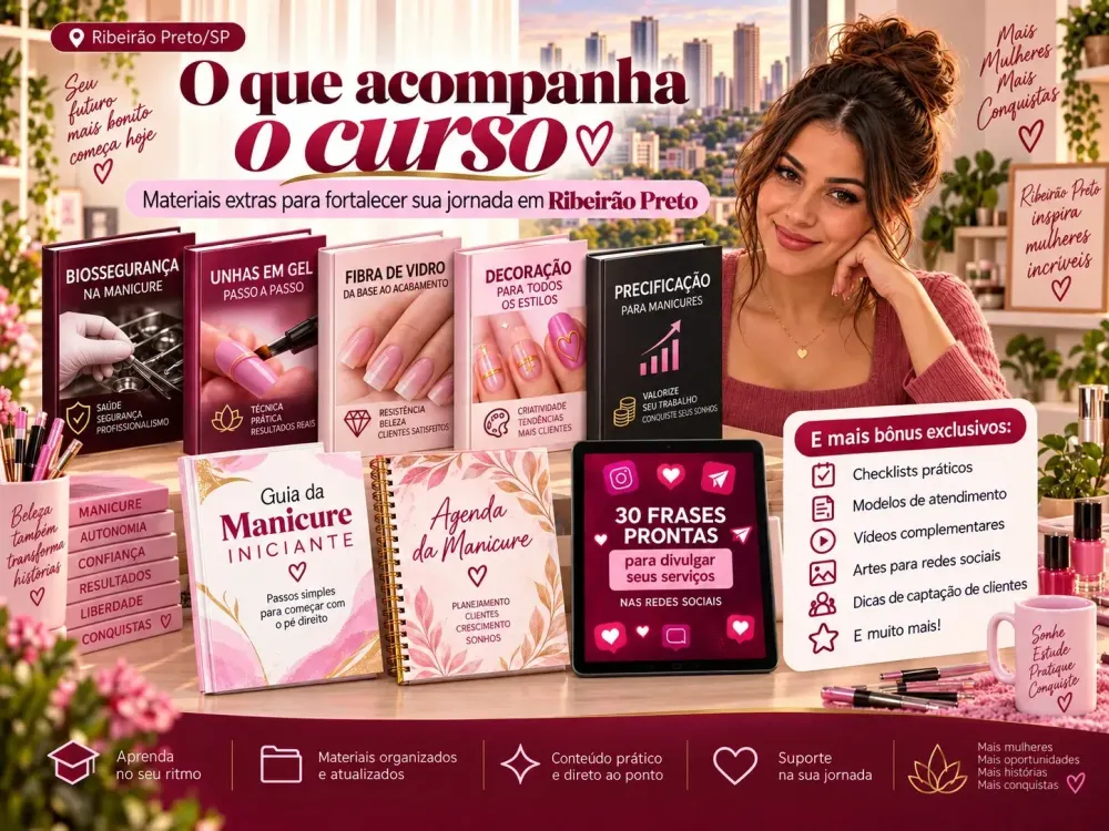 Apostilas e materiais extras do curso de manicure para Ribeirão Preto