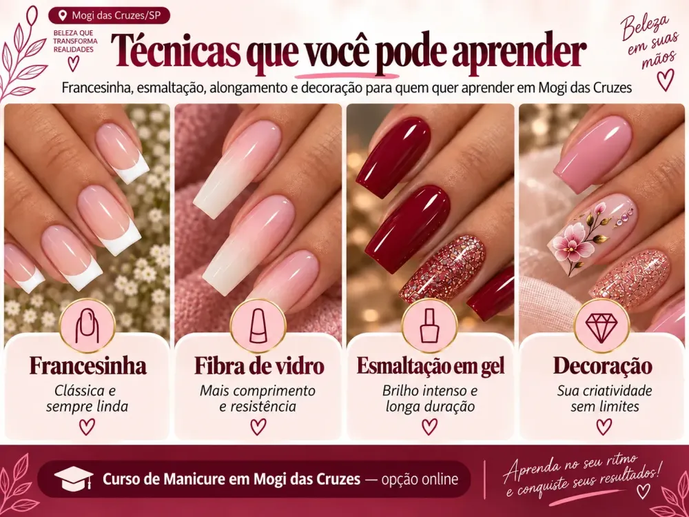 Técnicas de manicure apresentadas no curso online para Mogi das Cruzes