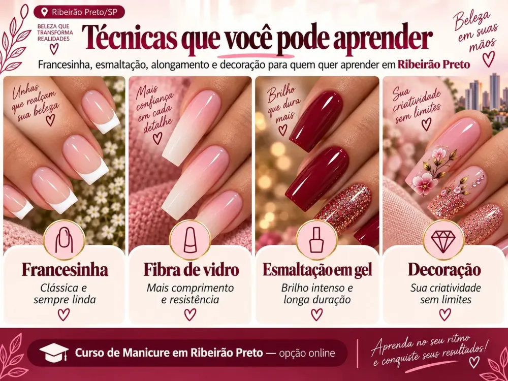 Técnicas de manicure apresentadas no curso online para Ribeirão Preto