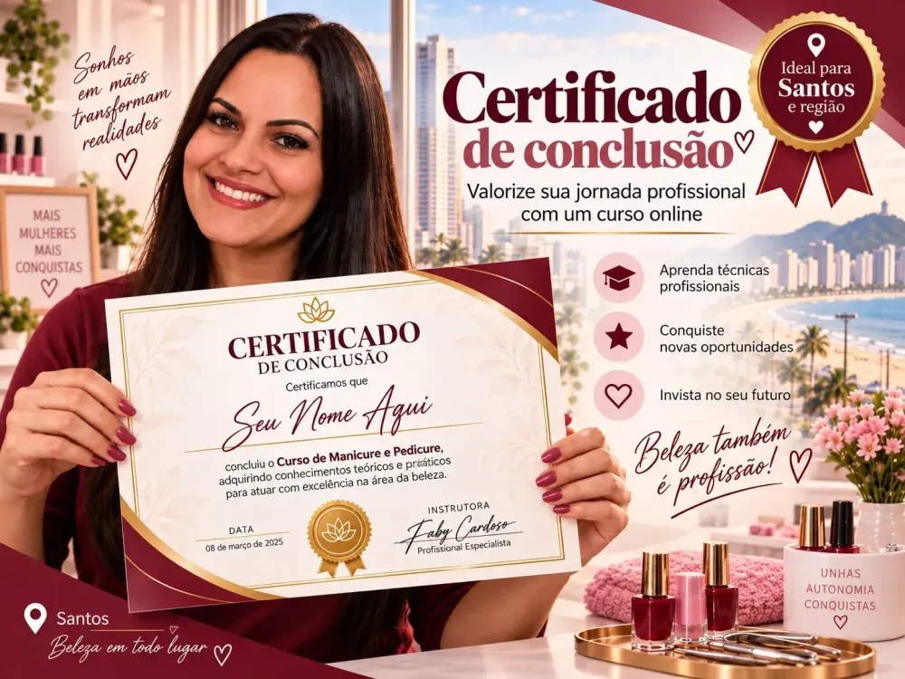 Certificado do curso de manicure e pedicure analisado para Santos