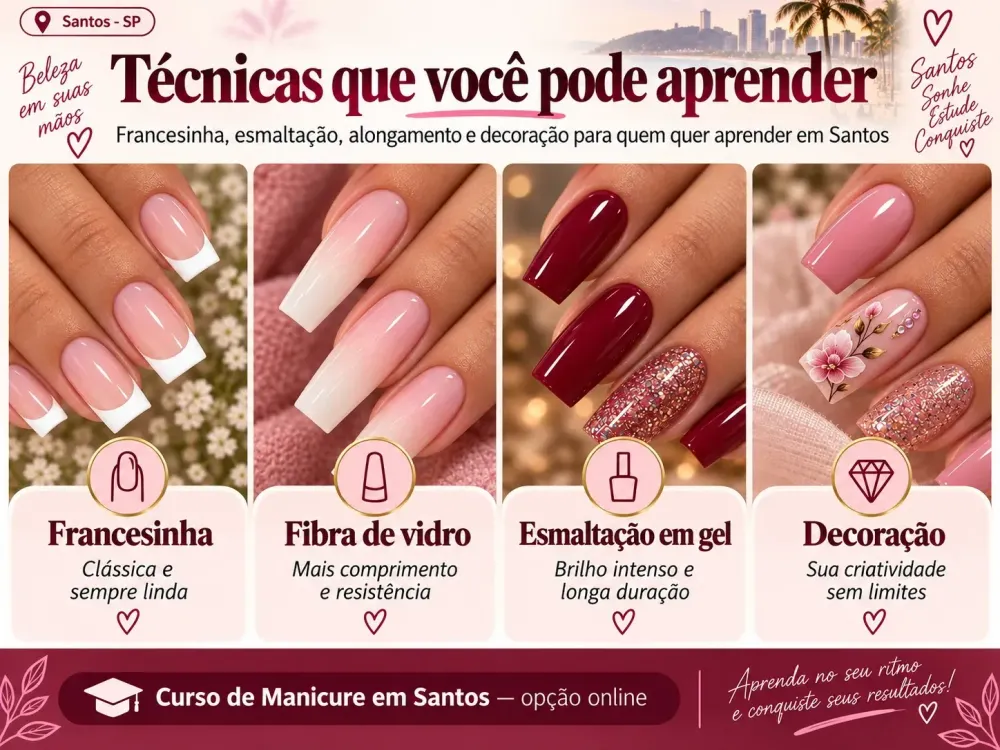 Técnicas de manicure apresentadas no curso online para Santos
