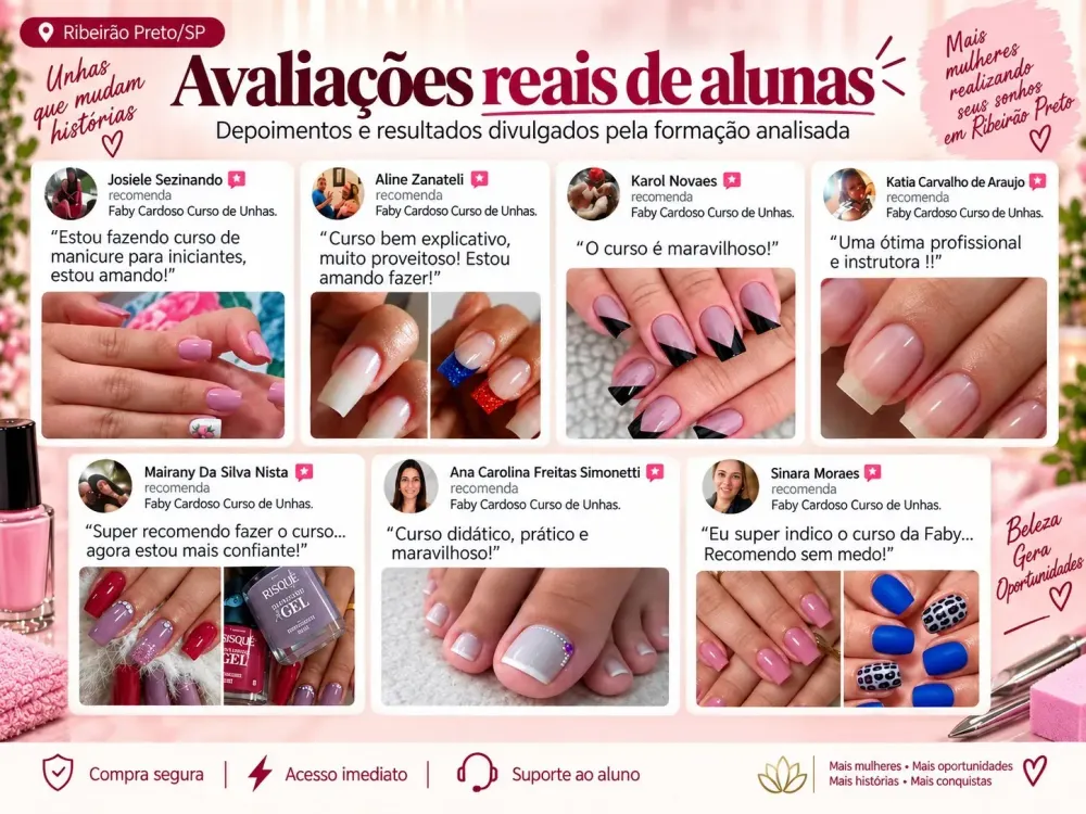 Resumo visual de avaliações reais de alunas do curso de manicure