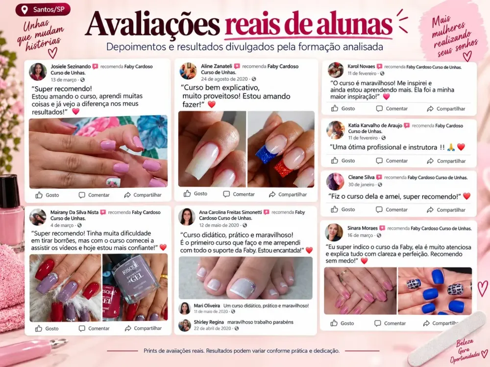 Resumo visual de avaliações reais de alunas do curso de manicure