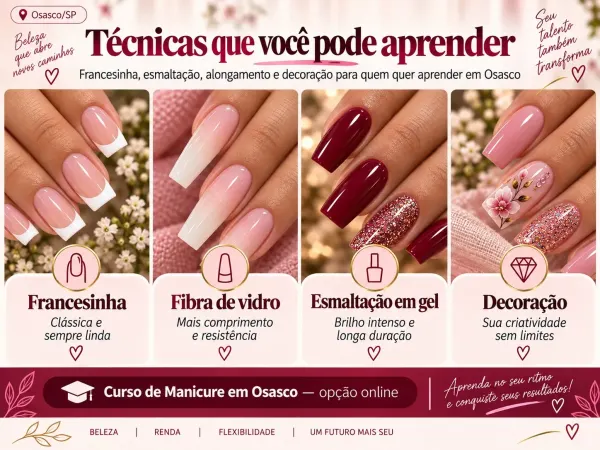 Técnicas de manicure apresentadas no curso online para Osasco
