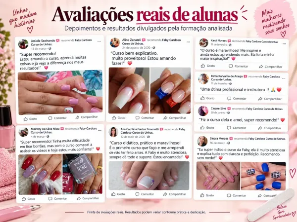 Resumo visual de avaliações reais de alunas do curso de manicure