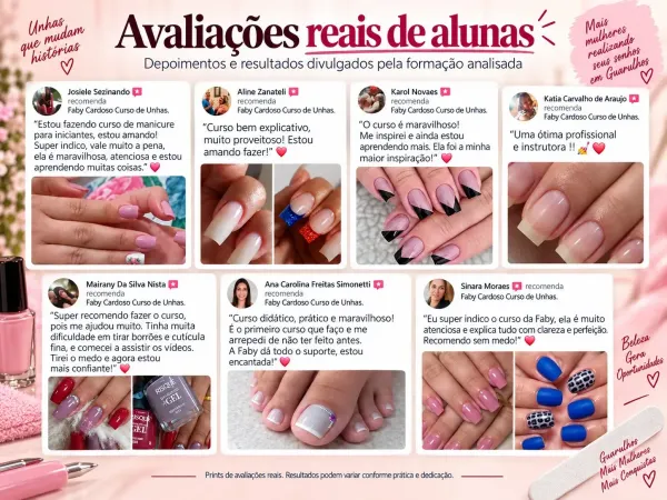 Resumo visual de avaliações reais de alunas do curso de manicure