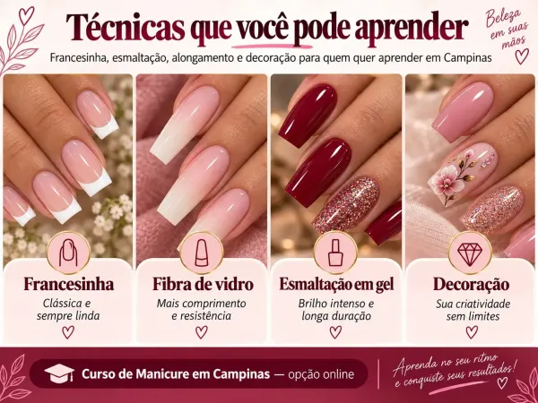 Técnicas de manicure apresentadas no curso online para Campinas