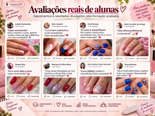 Resumo visual de avaliações reais de alunas do curso de manicure