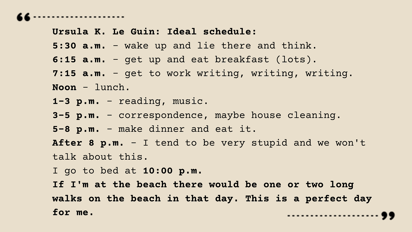 5:30 am - Wake up and lie there and think.  6:15 am - Get up and eat breakfast (lots).  7:15 am - Get to work writing, writing, writing.  Noon - Lunch.  1:00-3:00 pm - Reading, Music.  3:00-5:00 pm - Correspondence, maybe house cleaning.  5:00-8:00 pm - Make dinner and eat it.  After 8:00 pm - I tend to be very stupid and we won’t talk about this. I go to bed at 10:00 p.m. If I’m at the beach there would be one or two long walks on the beach in that day. This is a perfect day for me.