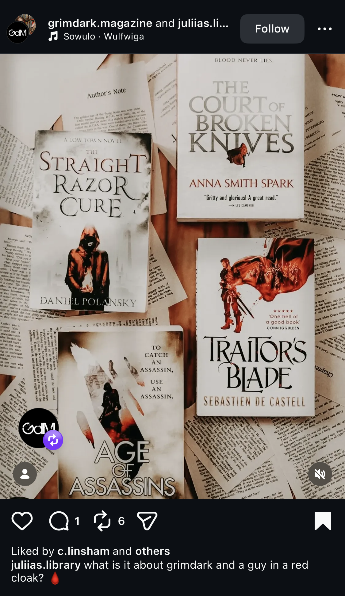 an instagram screenshot from @juliias.library depicting several book covers, all featuring singular (male) figures in a red cloak with the caption, “what is it about grimdark and a guy in a red cloak?” 
