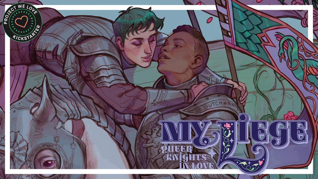two queer knights embrace, perhaps toward a kiss, both wearing armor, one on a horse, the other holding a standard..
