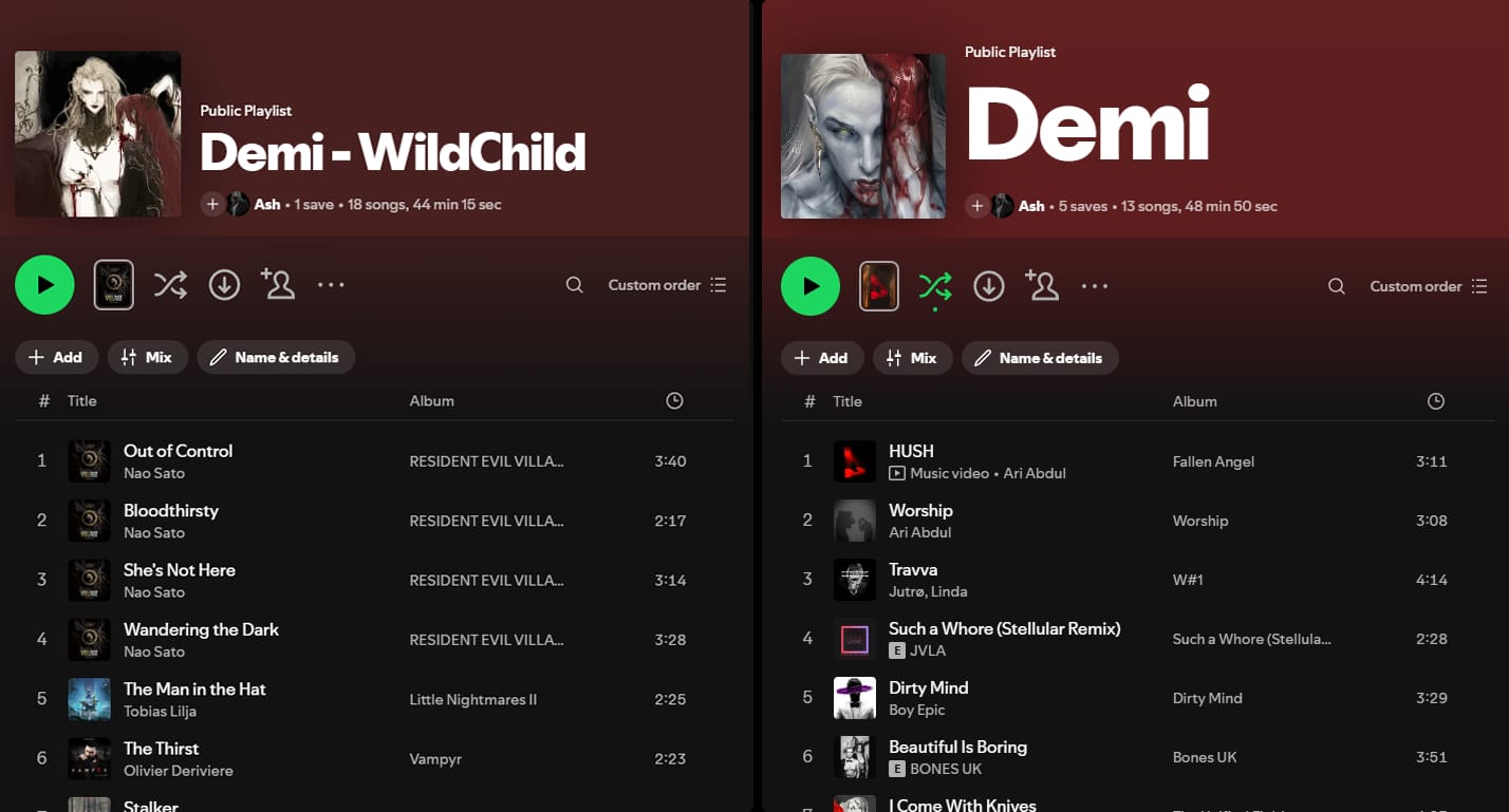 Two spotify playlists for Demi the Vampire.