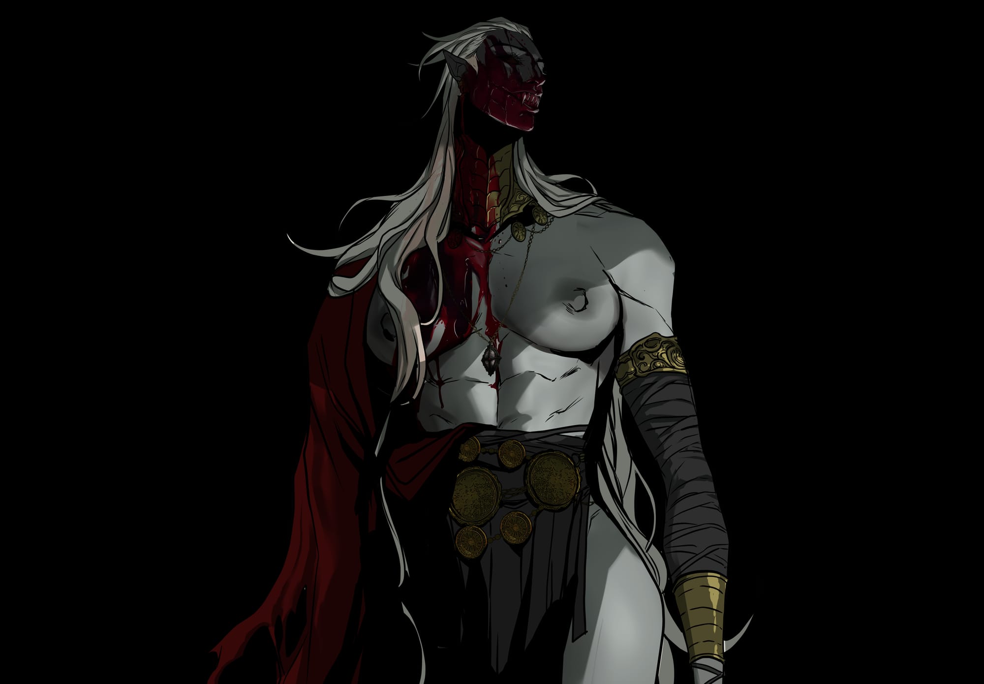 A vampire woman with white hair, shirtless, face covered in blood, wearing a red cape on half her body.