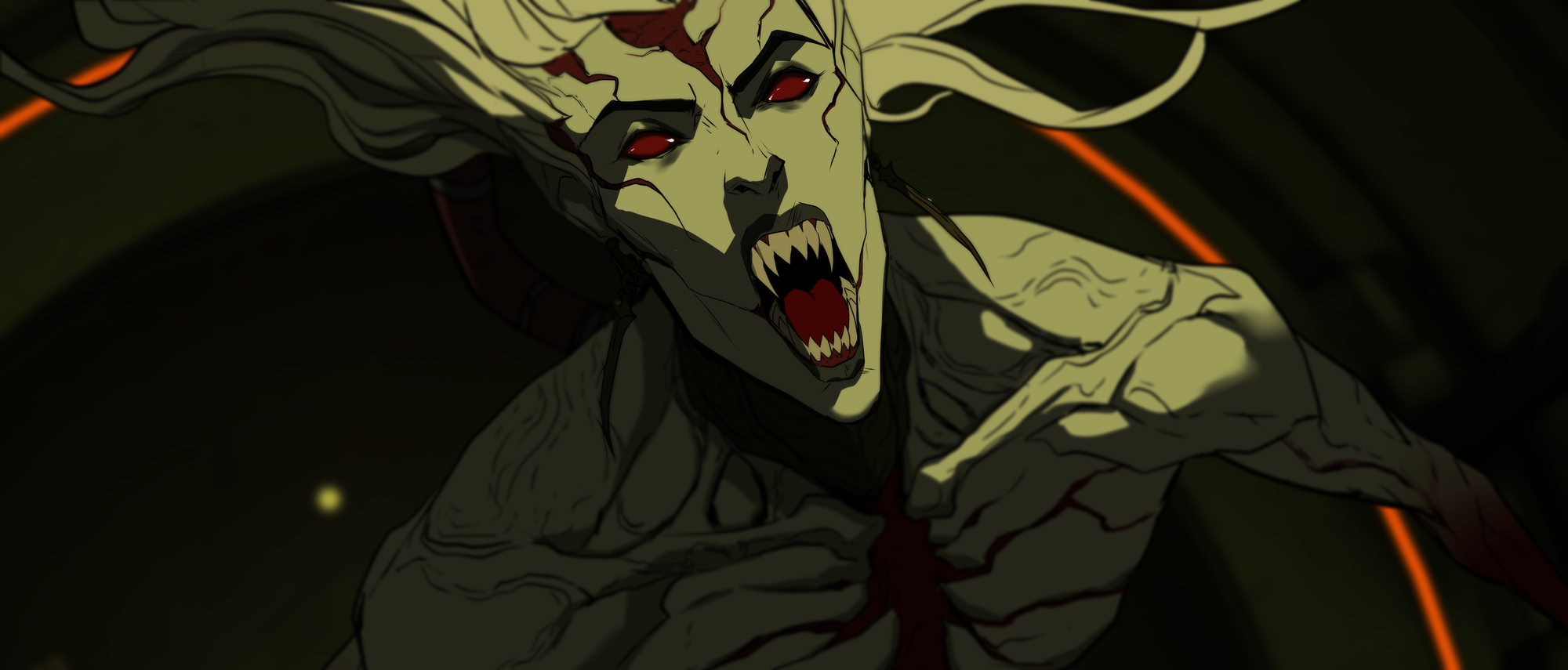 A scary vampire woman with red eyes sharp teeth and prominent red veins all over her body.