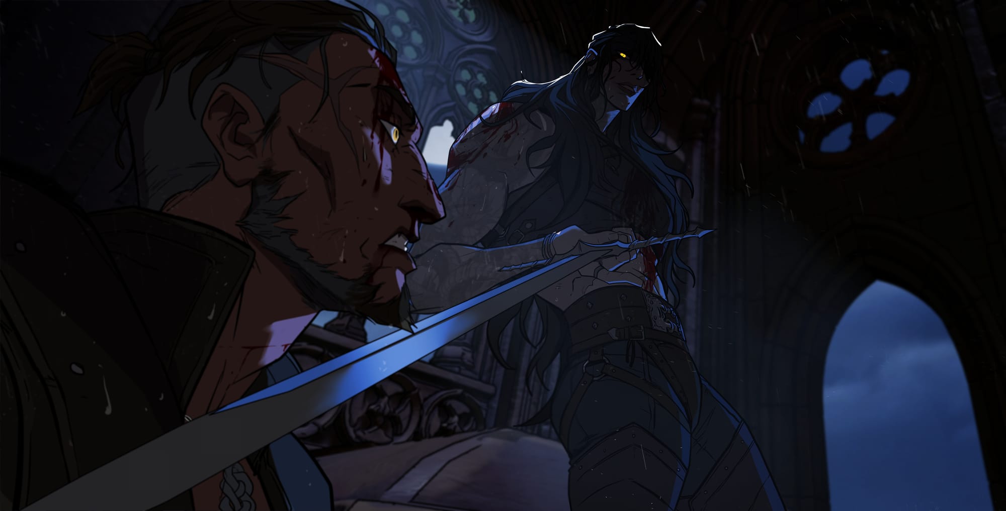 A scary muscular woman witcher with a sword at a man’s throat.