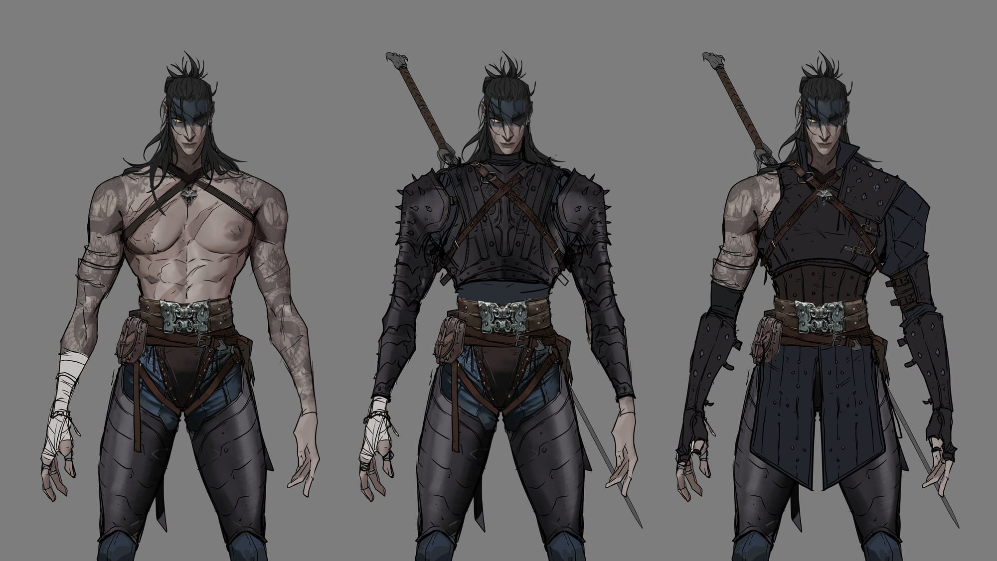 An array of the same character in three different styles of upper armor: a woman with no armor, bare chested, with tattoos and scars; a woman witcher with full metal armor; the same woman with lighter armor, a pauldron on one side and bare shoulder on the other. 