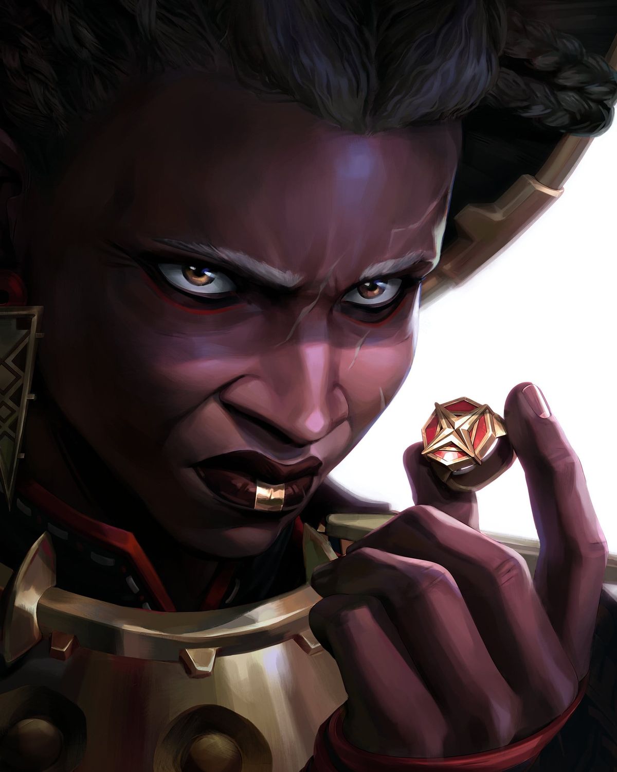 Ambessa Medarda holds up a thick gold and red ring with the Medarda sigil, a 4 pointed star.