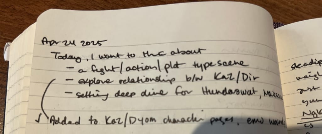 picture of cl clark's notebook: April 24 2025
Today I want to think about 
1) a fight/action/plot type scene
2) explore relationship between Kaz/Dir
3) setting deep dive for Hundaswat/Nwesou