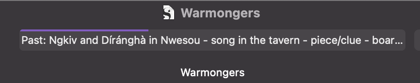 scrivener app screen shot depicting the section: “Past: Ngkiv and Díránghà in Nwesou - song in the tavern - piece/clue…”