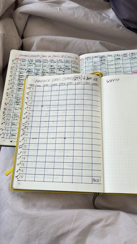 Two overlapping bullet journals with running plans; one is fully filled out and the one on top is empty and full of potential with 17 weeks to go.