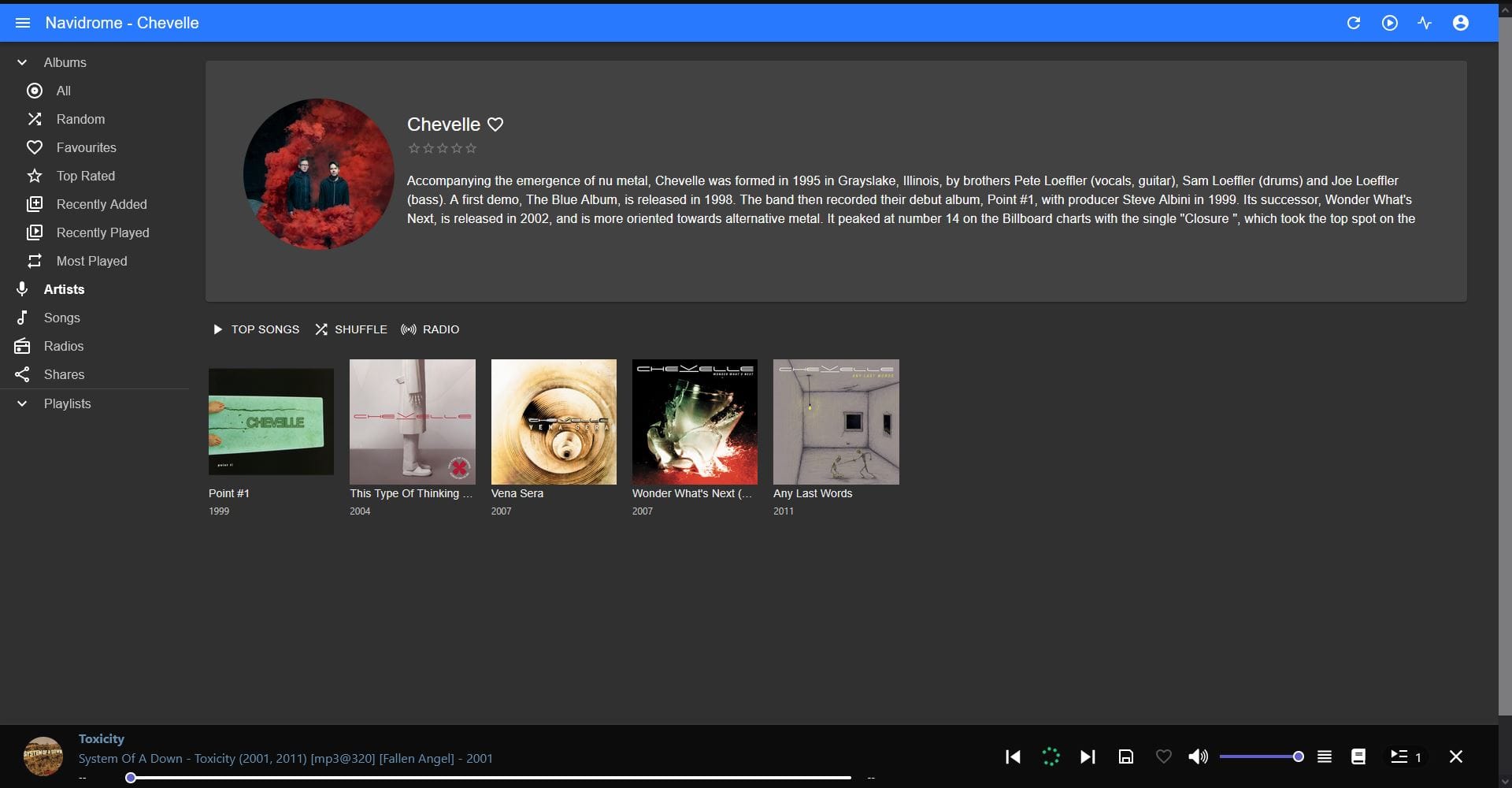 Snippet image of my Navidrome dashboard. This contains 5 albums of Chevelle for this artist.
