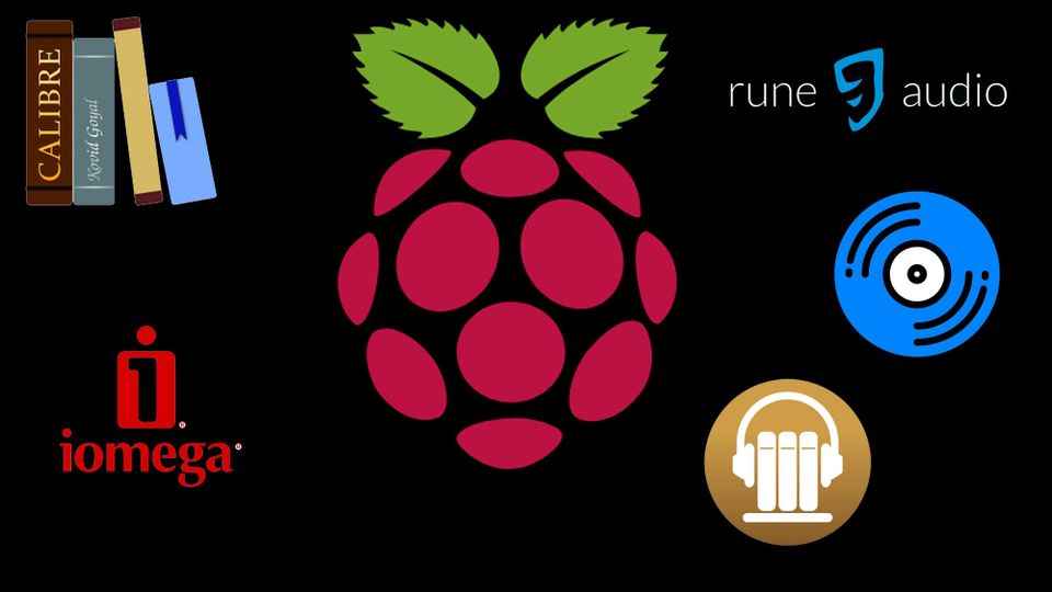 A total of 6 logos are on this image: Calibre, Iomega, Raspberry Pi, Rune Audio, Navidrome, and Audiobookshelf.