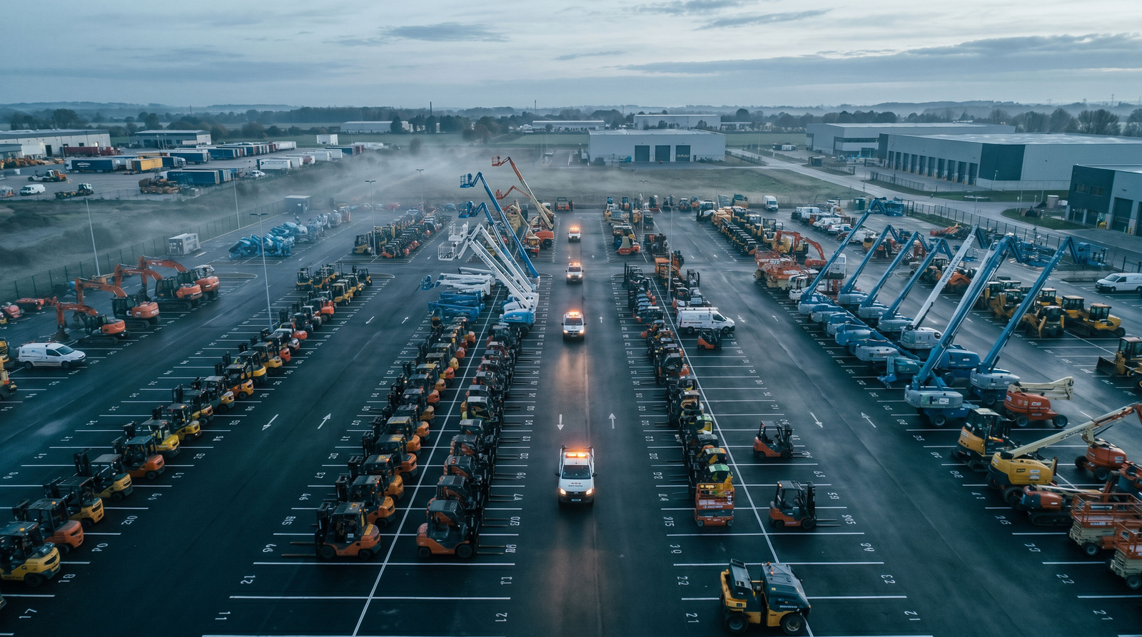 Aerial view at dawn of an equipment-rental depot: orderly rows of machinery with service vehicles moving between them.