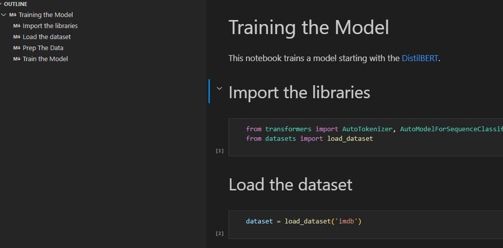 A screenshot of a jupyter notebook demonstrating outline on the left side, and the code and text on the right