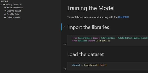 A screenshot of a jupyter notebook demonstrating outline on the left side, and the code and text on the right