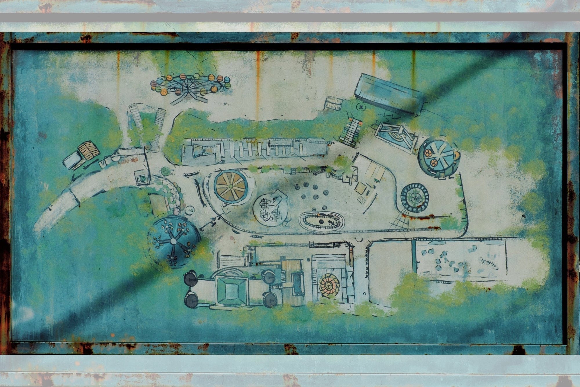 A weathered, rust-streaked sign displays an aerial-view map of a park with rides, pathways, and attractions.
