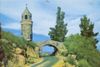 An antique photo of the Peace Tower and Bridge on Mount Rubidoux.
