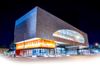 A night shot of the outside of the new main Library in Downtown Riverside.