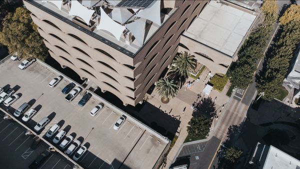 An aerial photo of the rooftop of Riverside City Hall