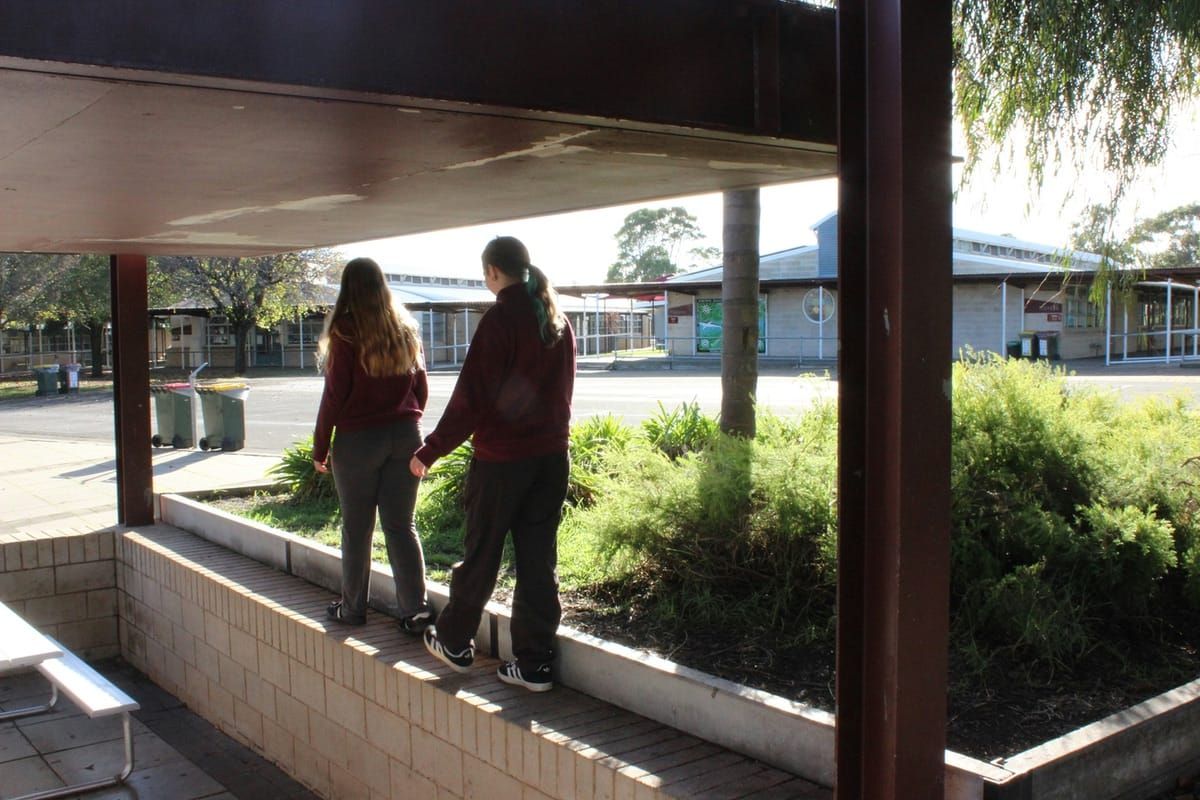 Two secondary students walk along a planted garden edge beside a covered walkway in a school grounds.