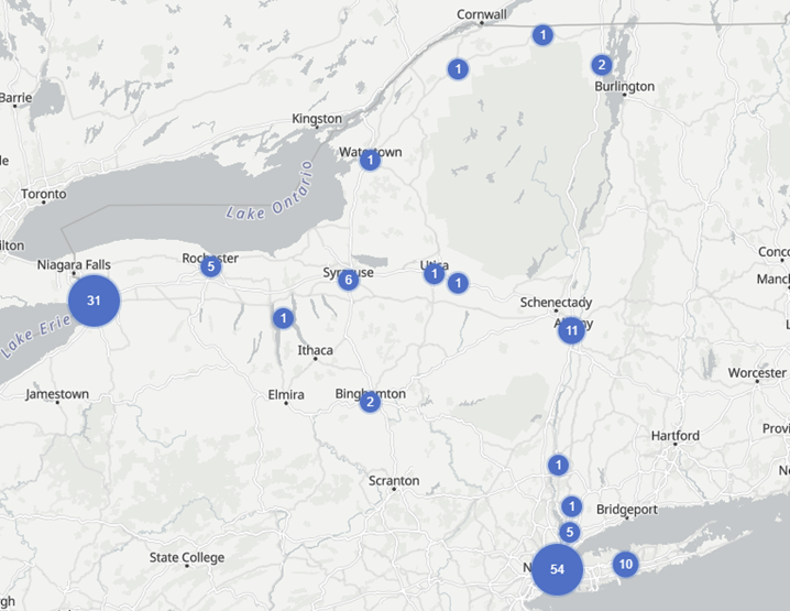 Map of New York State with circles indicating data center density. Buffalo has 31. New York city has 54. 