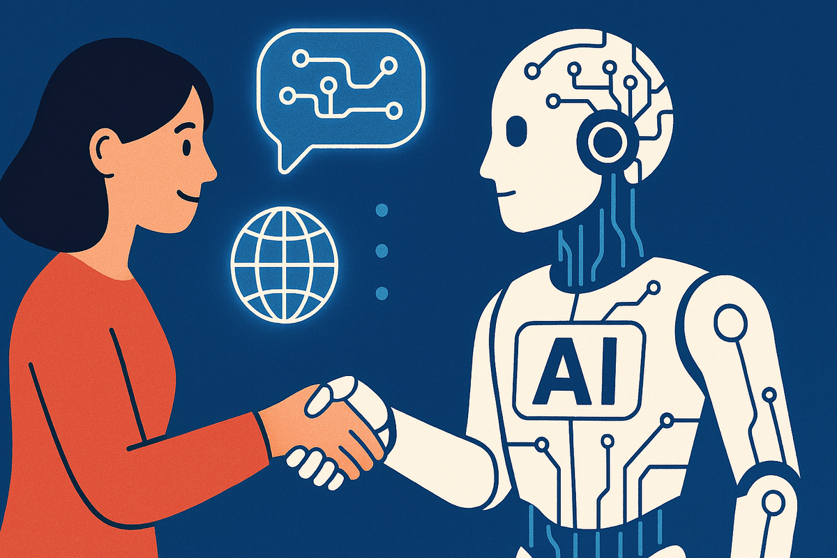 A woman with black hair and a red shirt shakes hands with a robot with AI written on its chest.