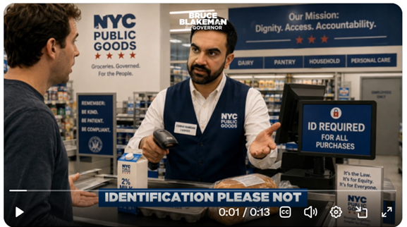 Blakeman for Governor campaign ad showing Mayor Mamdani as a grocery clerk demanding ID from a customer.