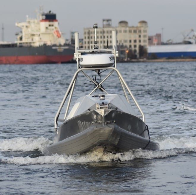 A Global Autonomous Reconnaissance Craft (GARC) built by Maritime Applied Physics Corp. operates in Baltimore harbor.
