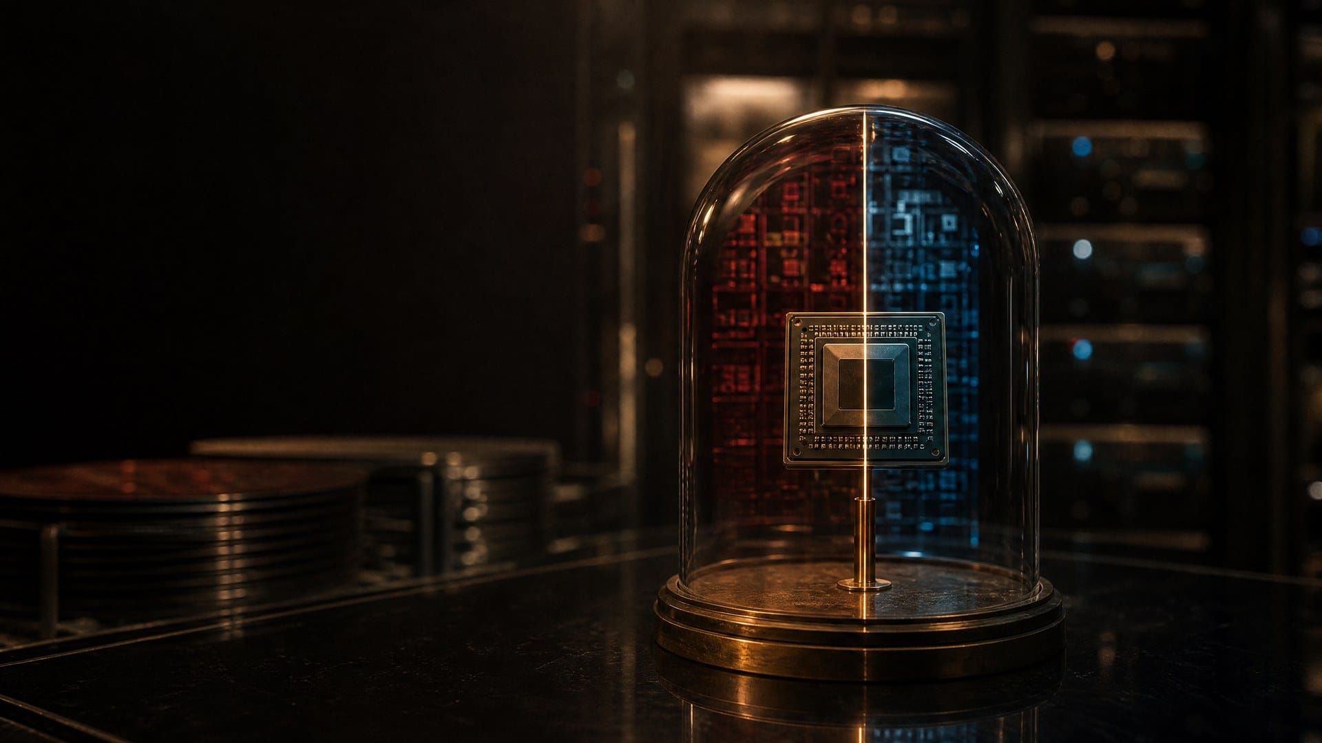 An AI accelerator chip divided between competing red and blue data-center ecosystems.