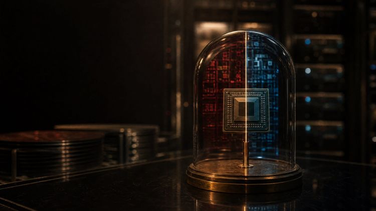An AI accelerator chip divided between competing red and blue data-center ecosystems.