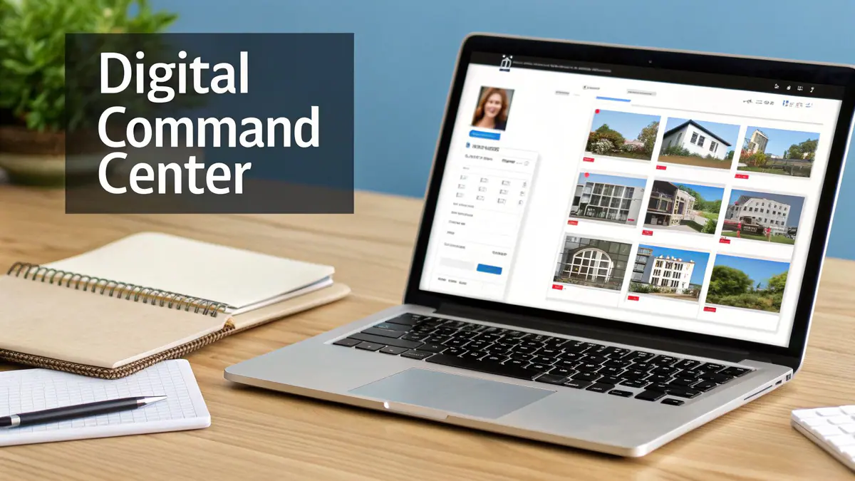 A laptop displaying a real estate platform with property listings on a wooden desk with notebooks and a pen.