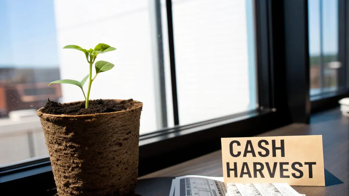 A small green plant in a biodegradable pot by a sunny window with a 'CASH HARVEST' sign.