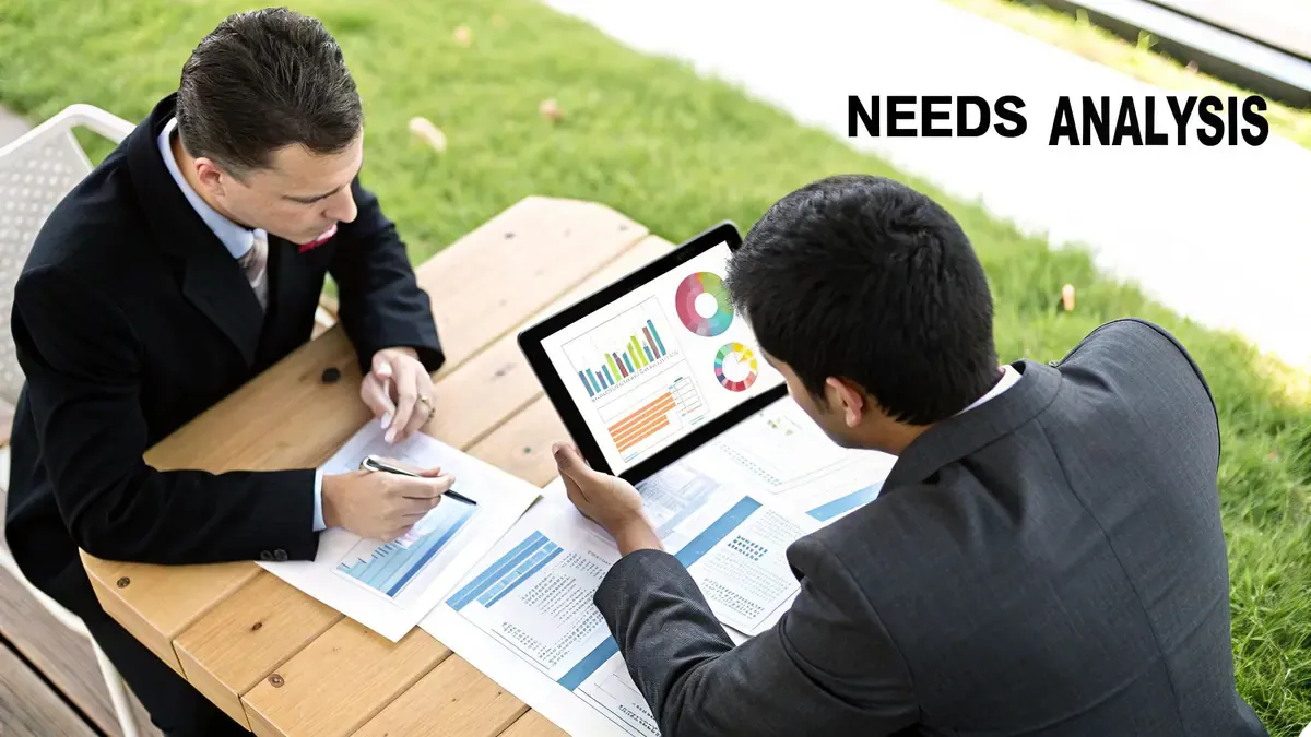 Two businessmen conducting a needs analysis outdoors, reviewing data on a tablet and documents.